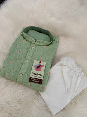 Pre-Teen and Teen Boy's Chikankari Embroidered Rayon Kurta Pajama with Sequins , Green Shade, - BOY-2001