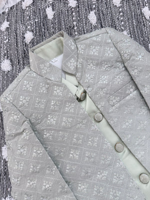 Boy's Green Shade Cotton Silk 3 Piece Indo Western Outfit,  Embroidered  Sequins Long Jacket with Pant , Boy's Sherwani Dress - B-3055