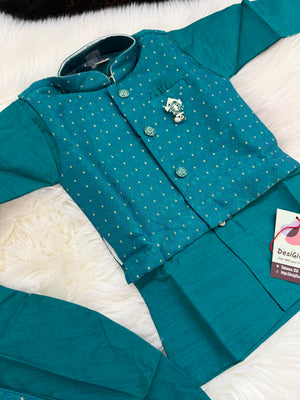 Boys Teal Green Kurta Set with Textured Jacket, Dhoti & Pajama Options – Festive Ethnic Wear,- Design B-2024