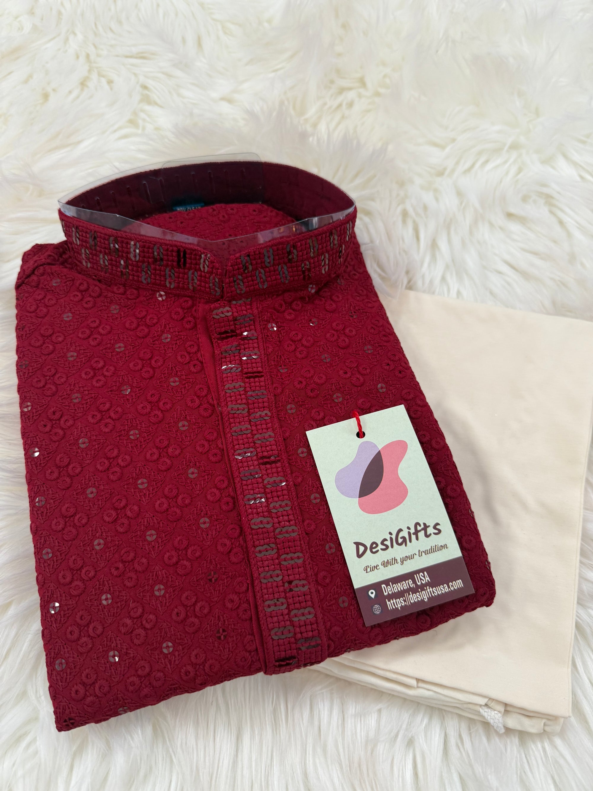 Pre-Teen and Teen Boy's Chikankari Embroidered Rayon Kurta Pajama with Sequins , Maroon Shade, - BOY-1910