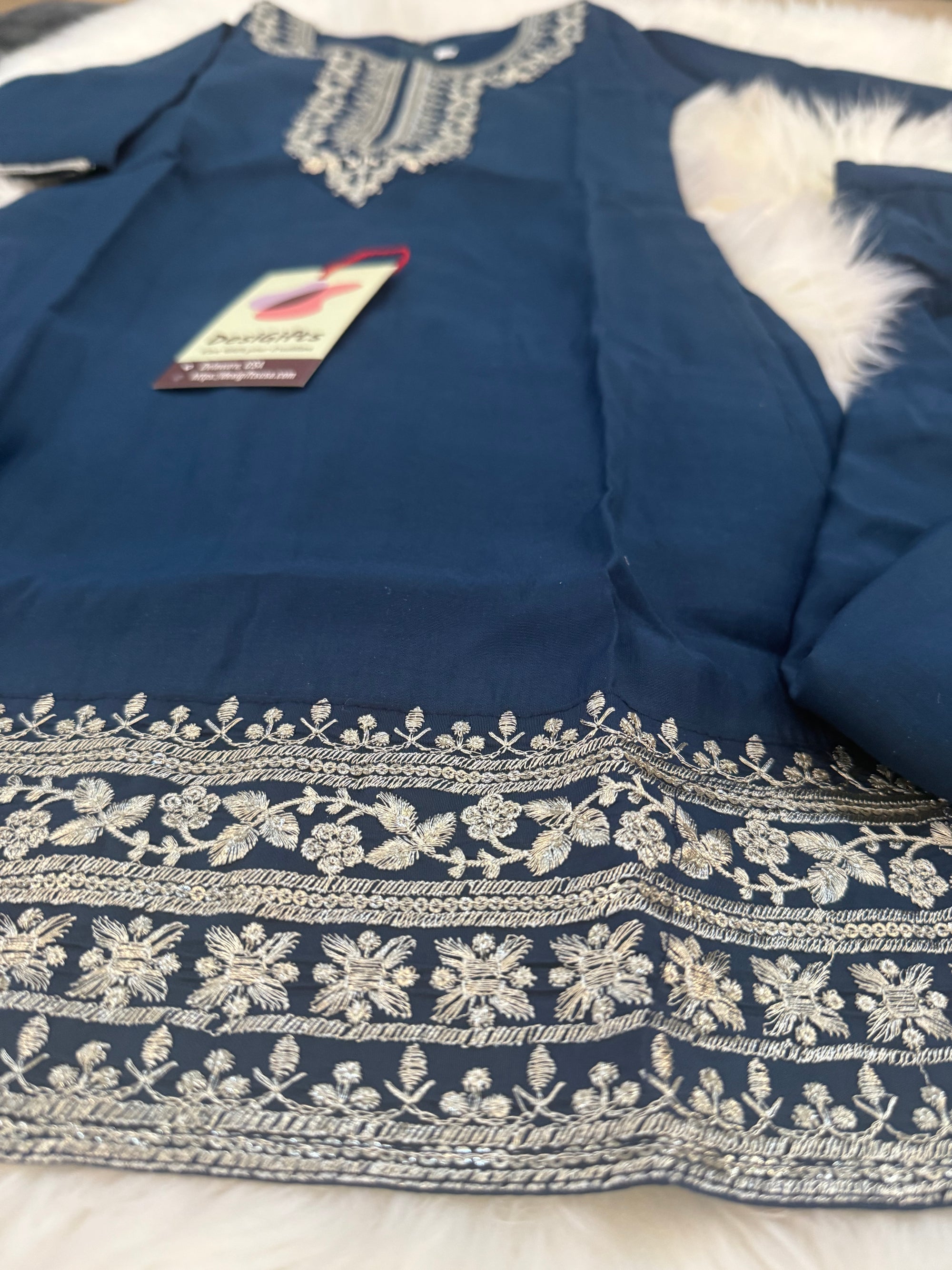 Elegant 3 Piece Peacock Blue Shade Kurti Set with Exquisitely Zari Work, Girl's Dress, Design G-1893