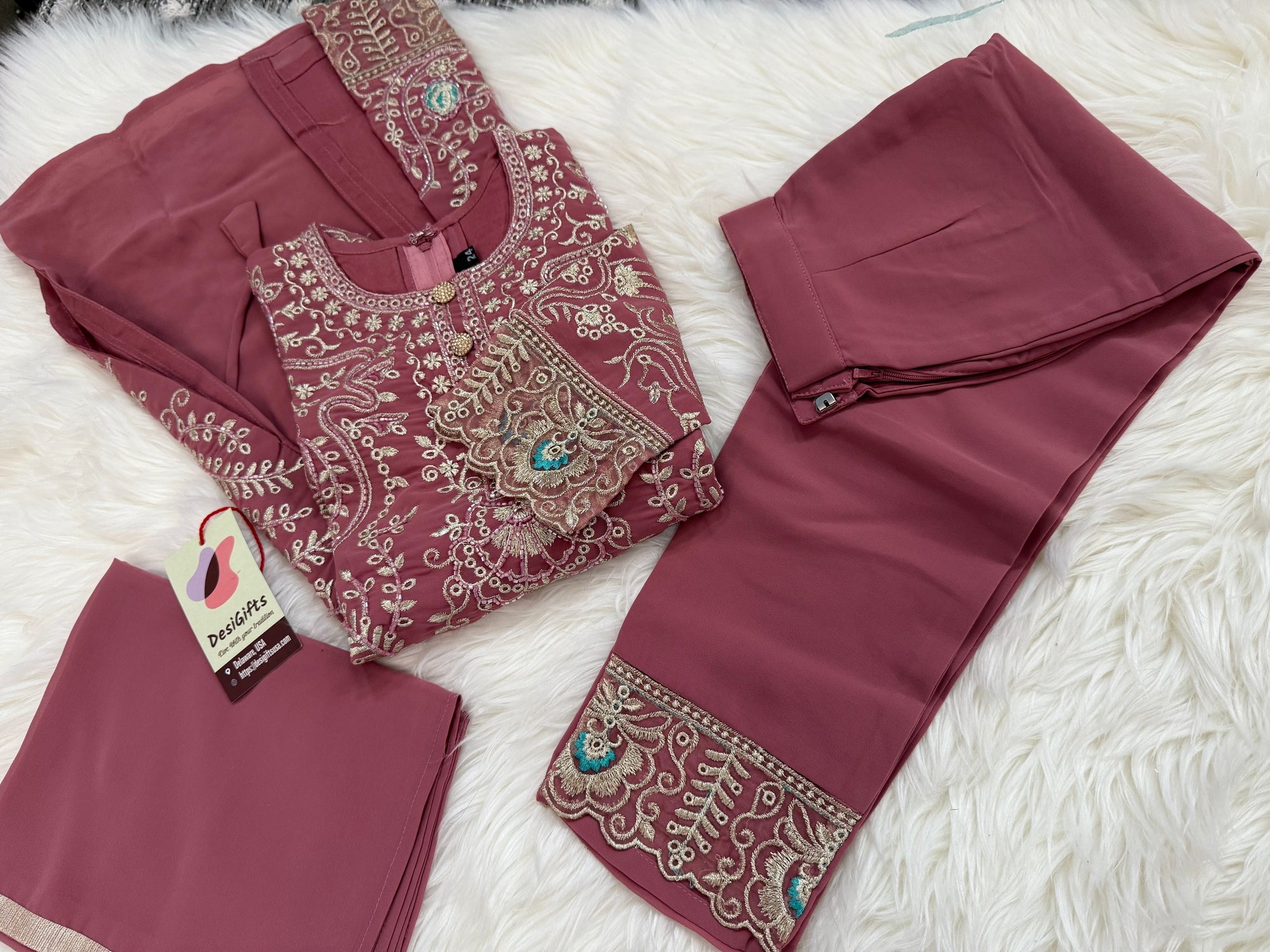 Elegant 3 Piece Kurti Set with Exquisitely Embroidered Girl's Dress, Newborn to Grown up, Design G-1552