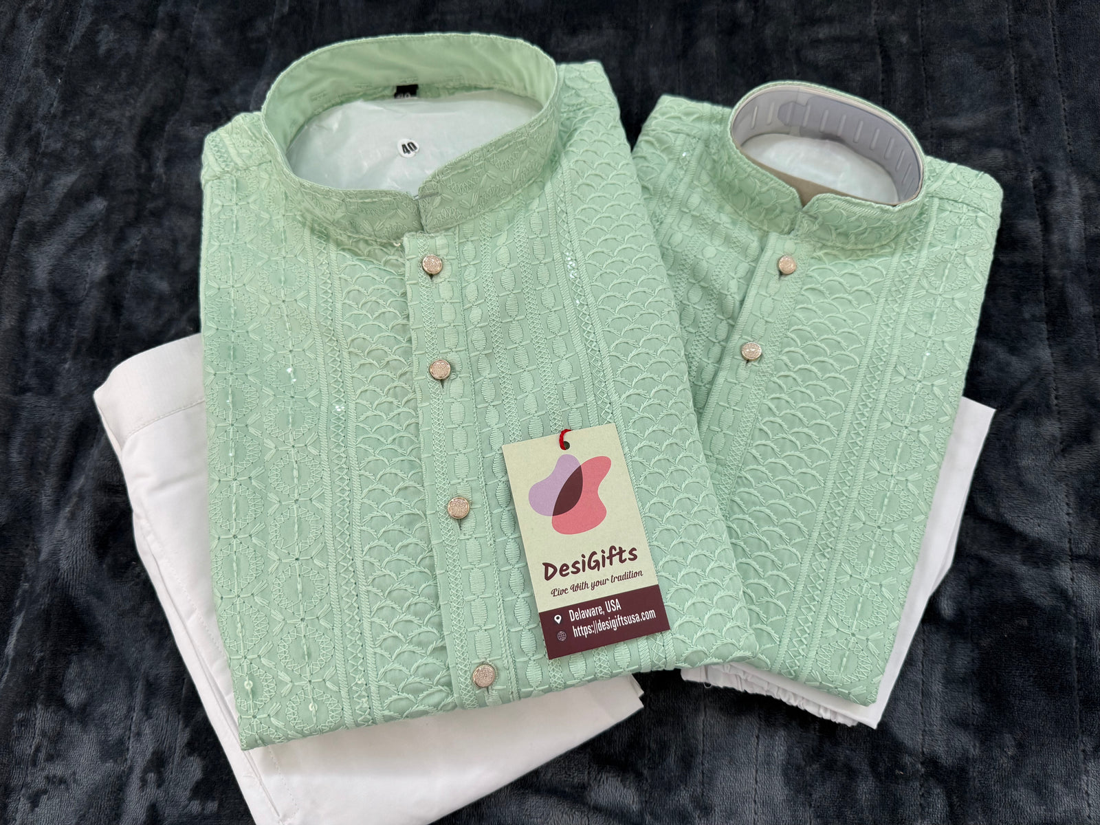 Pastel Green Shade Chikankari Rayon with Sequins 2 Piece Kurta Pajama Set, Father & Son's Outfit, DM -1806