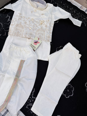 Boys Ivory Cream Kurta Pajama Set with Floral Embroidery Jacket | Dhoti and Pajama | Indian Wedding Festive Ethnic Wear for Kids, B-4058