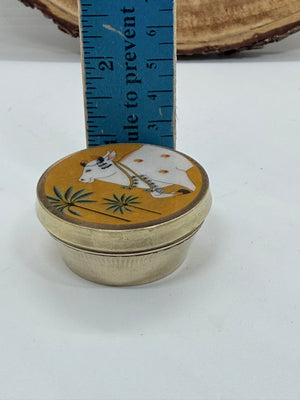 Brass Dibbi Box with Decorative Cow Artwork, 1" x 1.8" Size | Traditional Pooja Kumkum, Haldi & Sindoor Container, BB- 3048
