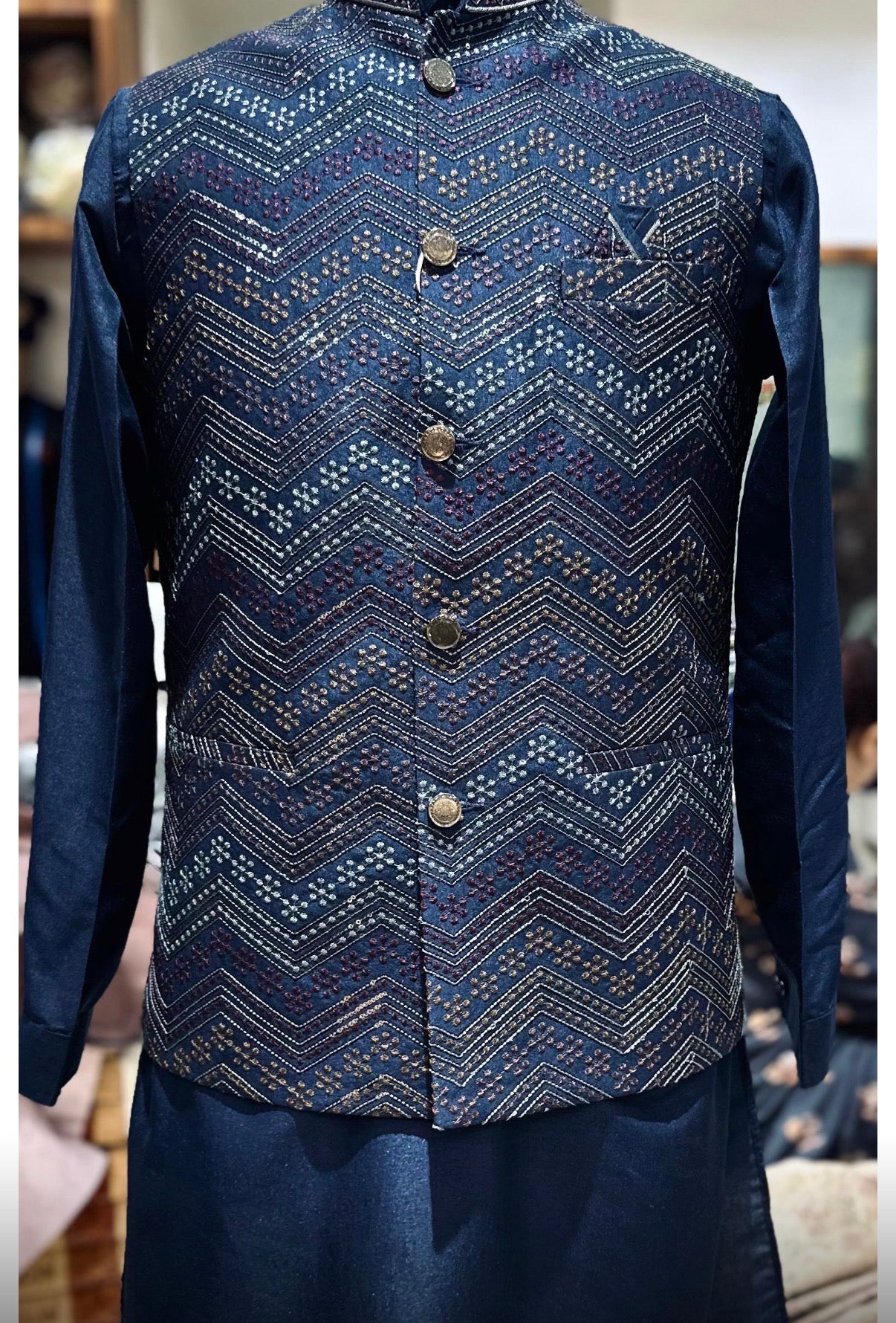 Men’s  Navy Blue 3-Piece Kurta Pajama with Jacket, Wedding & Festive Ethnic Wear, KPJ-2031