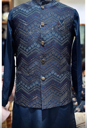 Men’s  Navy Blue 3-Piece Kurta Pajama with Jacket, Wedding & Festive Ethnic Wear, KPJ-2031