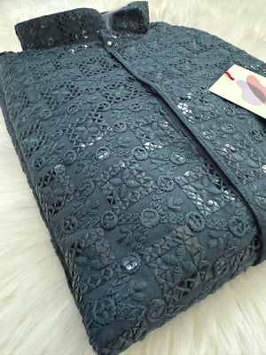Blue Gray Shade Sequins Work Chikankari Viscose 2 Piece Kurta Pajama Set for Man, KP - 1687