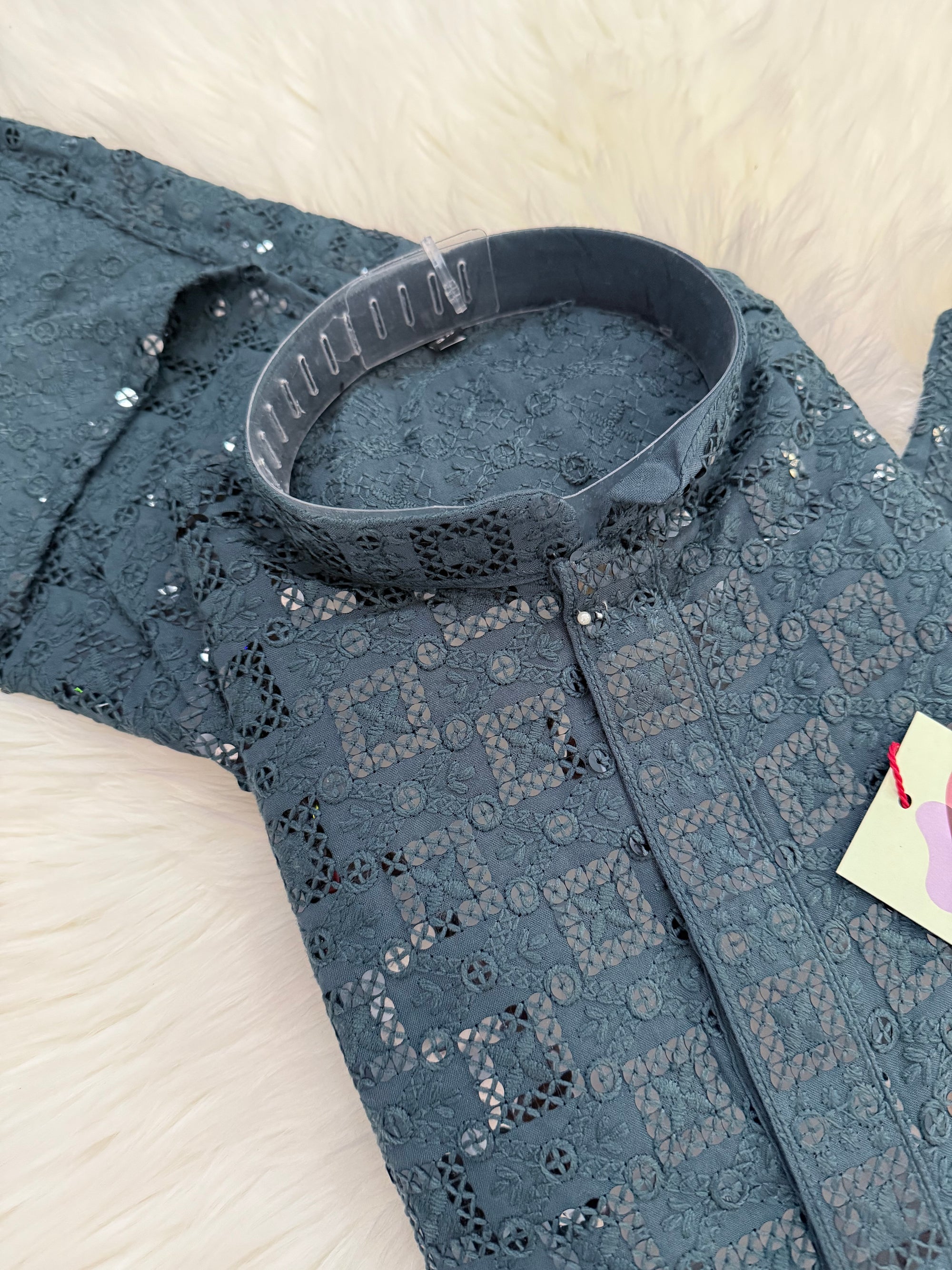 Blue Gray Shade Sequins Work Chikankari Viscose 2 Piece Kurta Pajama Set for Man, KP - 1687