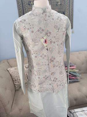 Men’s Pale Sage Green 3-Piece Kurta Pajama with Premium Embroidered Jacket, Wedding & Festive Ethnic Wear, KPJ-3078