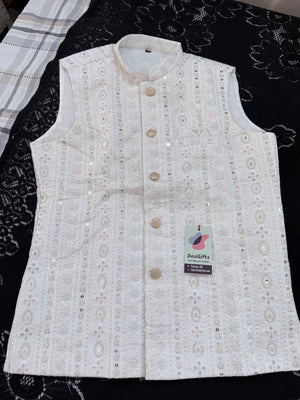 Festive White Ethnic Jacket for Men – Pastel Thread Embroidery with Sequins – Heavy Thread Work Wedding Waistcoat | J-3032