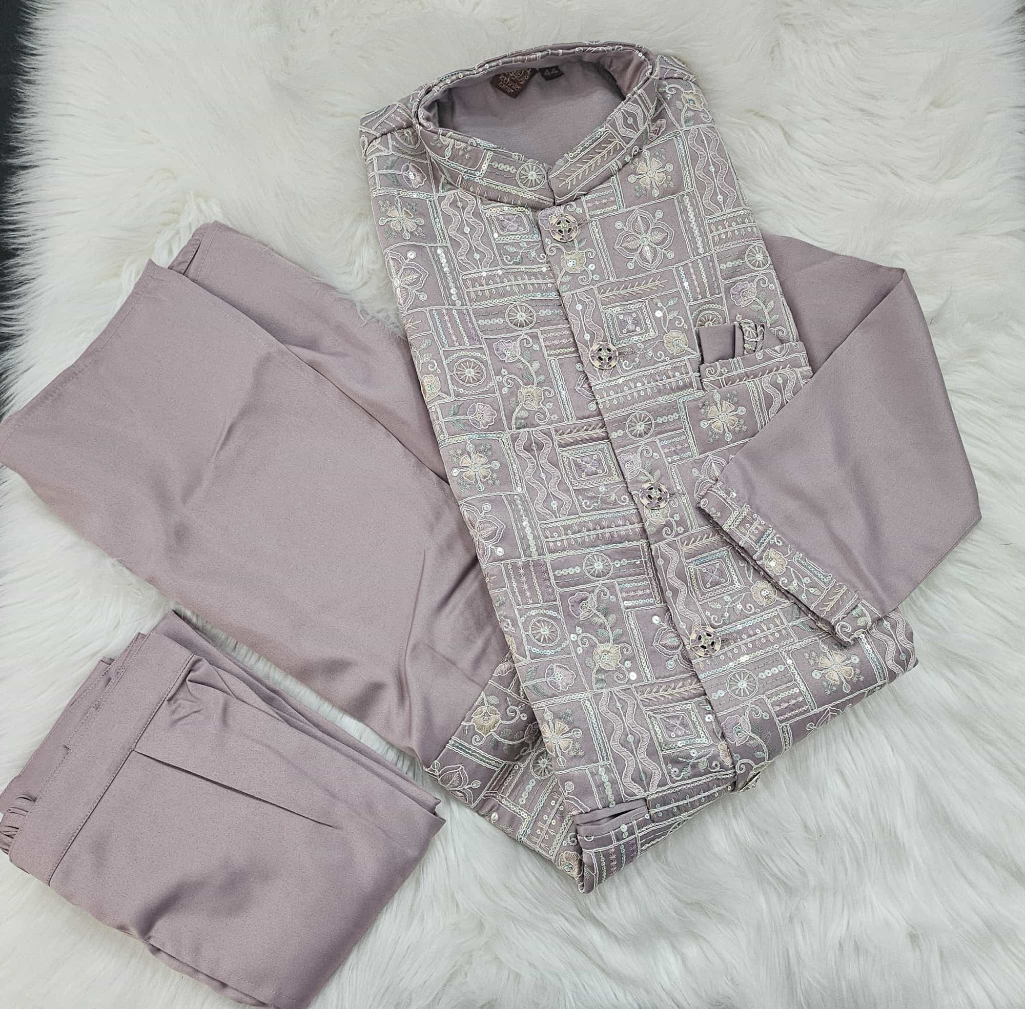 Classy Light Purple 3 Piece Kurta Pajama with Jacket  Embroidered Set for Man, Silk, Indian Wedding Partywear, DM - 1889