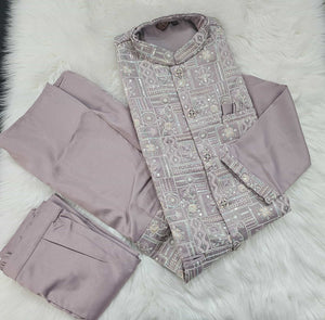 Classy Light Purple 3 Piece Kurta Pajama with Jacket  Embroidered Set for Man, Silk, Indian Wedding Partywear, DM - 1889
