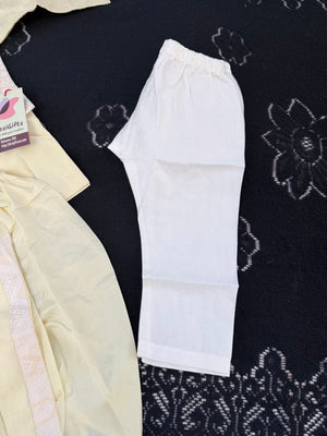 Boys Light Lemon Yellow Kurta Pajama Set with Geometric Self Design Jacket | Dhoti and Pajama | Indian Wedding Festive Ethnic Wear for Kids, B-4056