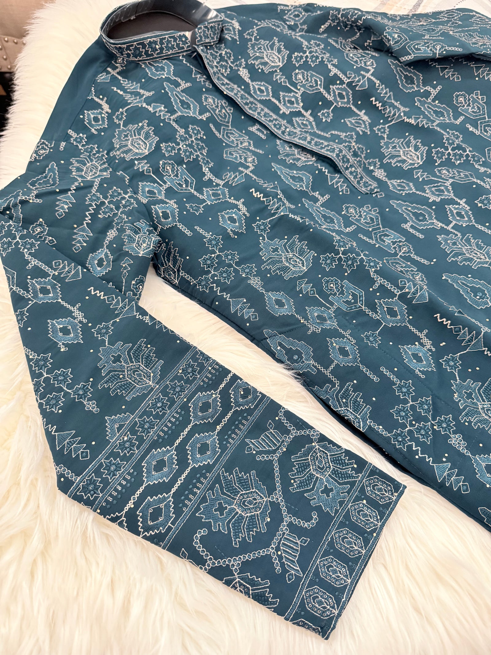 Men’s Deep Teal Blue with Silver Embroidered Kurta Pajama Set with Sequin Accents | Chikankari-Style Wedding & Festive Indian Outfit, KP- 3060