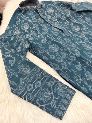 Men’s Deep Teal Blue with Silver Embroidered Kurta Pajama Set with Sequin Accents | Chikankari-Style Wedding & Festive Indian Outfit, KP- 3060