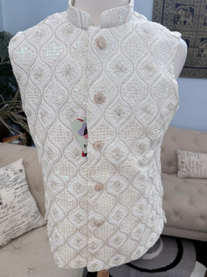 Luxury Cream Bead & Sequin Embroidered Nehru Jacket for Men – Heavy Thread Work Wedding Waistcoat | J-3034