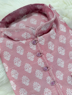 Men’s Onion Pink Banarasi Silk Blend Kurta Pajama Set White Woven Buti, Kurta with Trouser Pants, Indian Festive Wedding Wear – KP- 3076