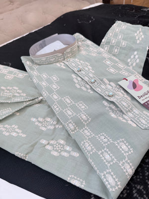 Men’s Sage Green Embroidered Kurta Pajama Set | White Thread & Sequin Work | Traditional Indian Wedding & Festive Wear, KPS-4028