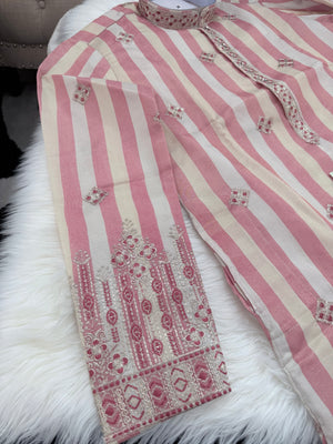 Men’s Dusty Rose Pink & Ivory Striped Embroidered Kurta Pajama Set | Wedding & Festive Indian Ethnic Wear, KP - 4038