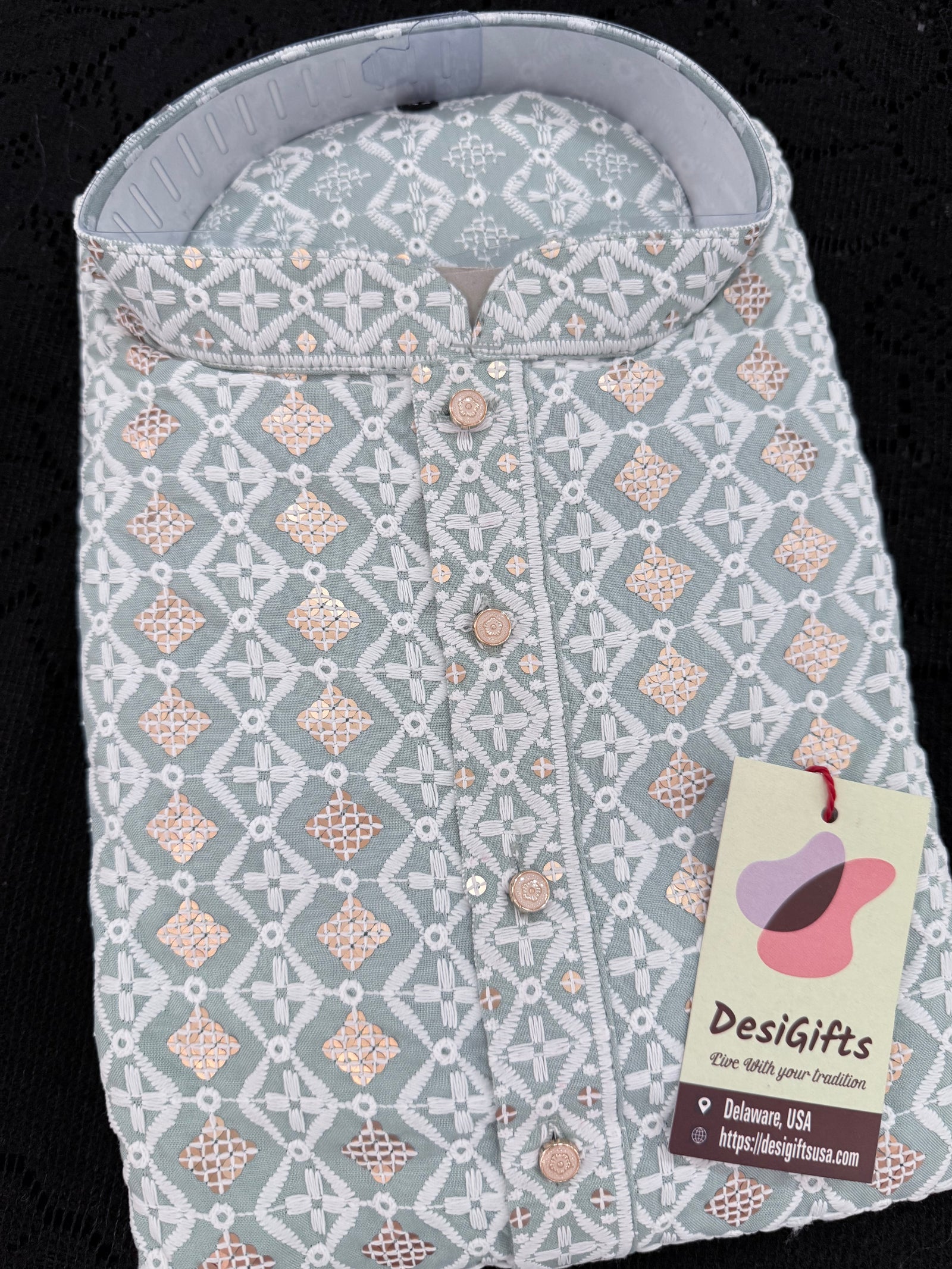 Light Teal Shade Men's Kurta Pajama set with Embroidery and Sequins. Two-piece Indian traditional outfit., KP - 2028