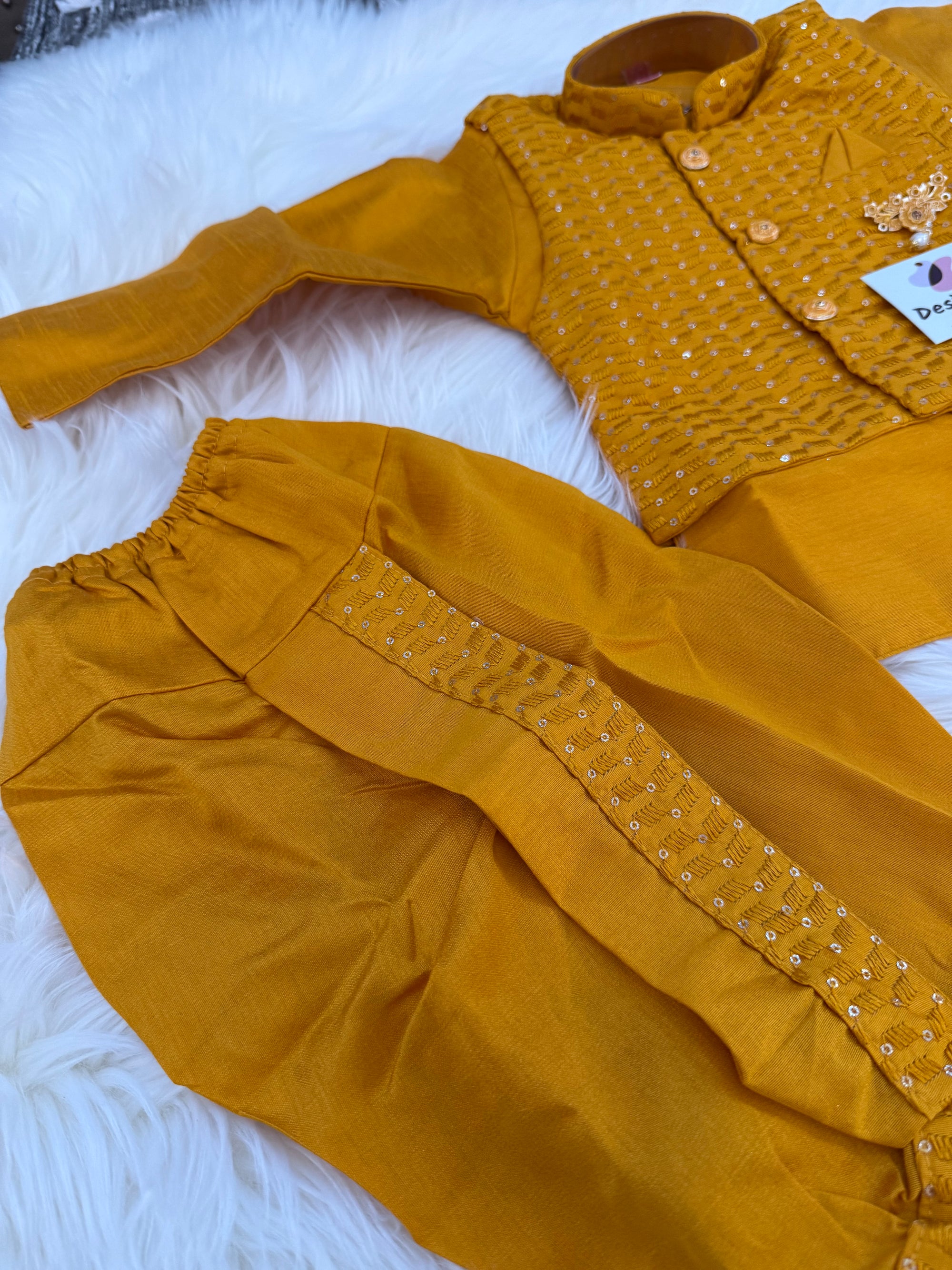 4 Piece Yellow Cotton Silk Indian Dress with Dhoti and Pajama with Sequins Jacket- Design B- 1585