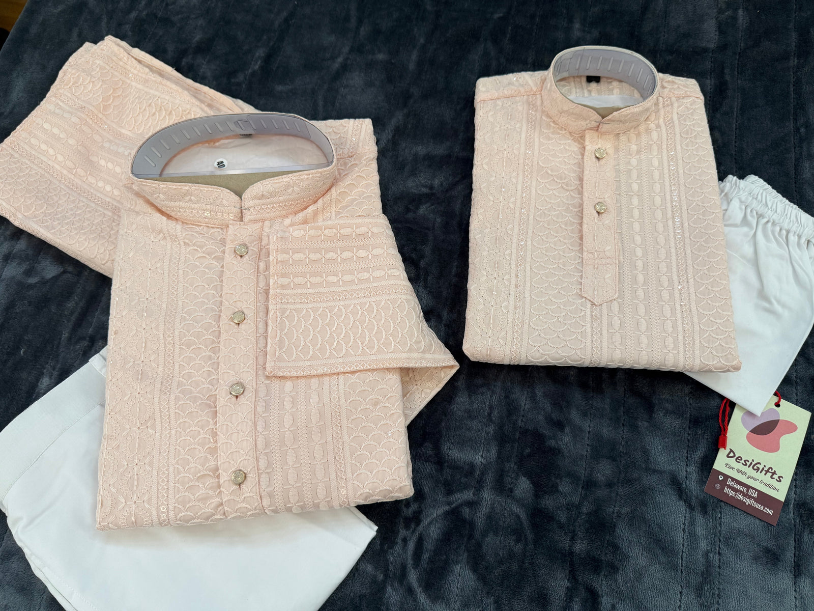 Pastel Peach Shade Chikankari Rayon with Sequins 2 Piece Kurta Pajama Set, Father & Son's Outfit, DM -1807