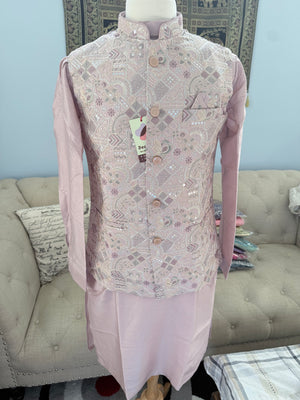 Men’s Dusty Rose Pink Shade 3-Piece Kurta Pajama with Heavy Embroidered Jacket, Wedding & Festive Ethnic Wear, KPJ-3077
