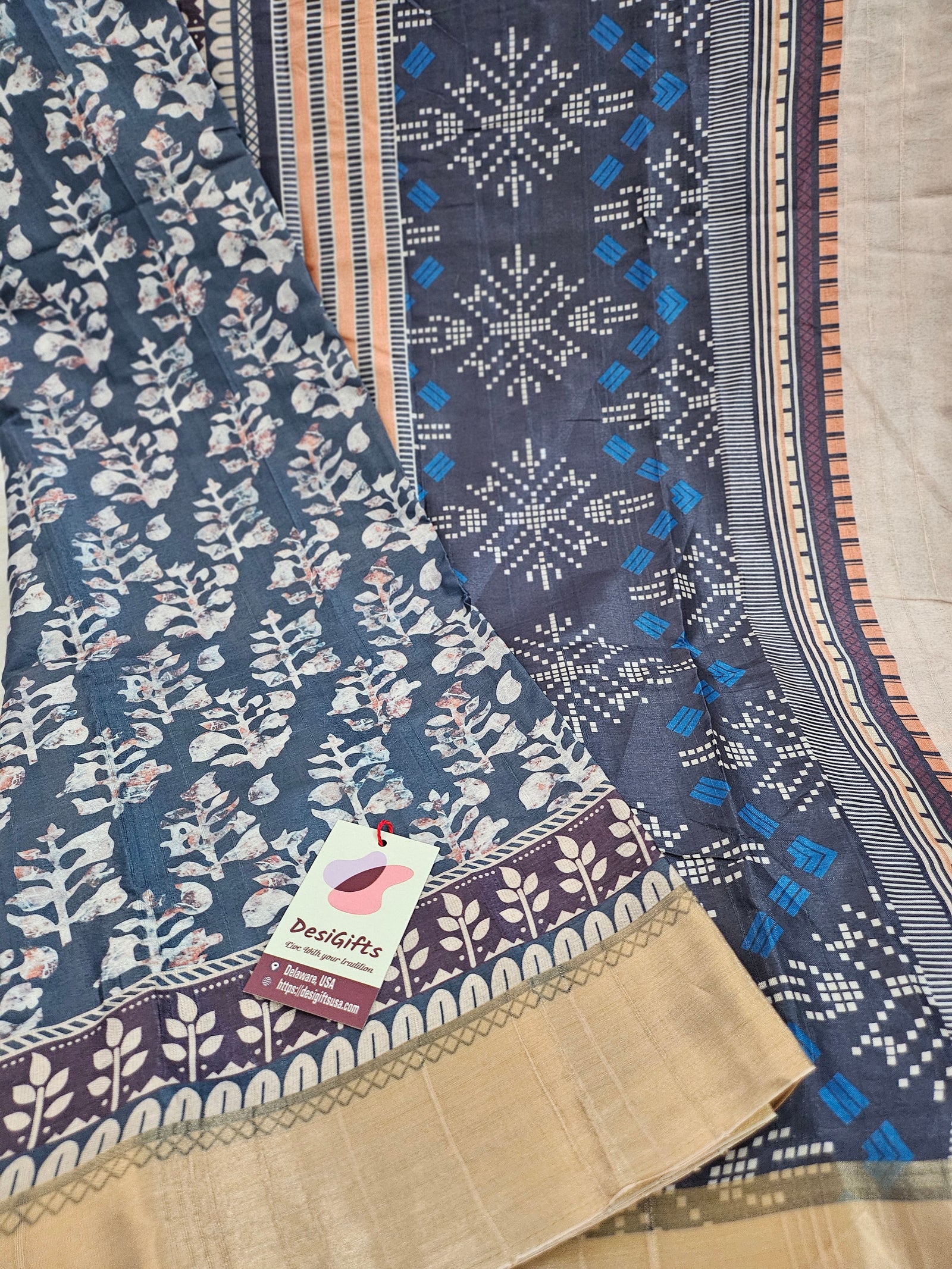 Navy Mooga Silk Saree with Slub Pattern Digital Print and Zari Border, with Stitched Blouse, Fall & Peeco, SARI - 1321