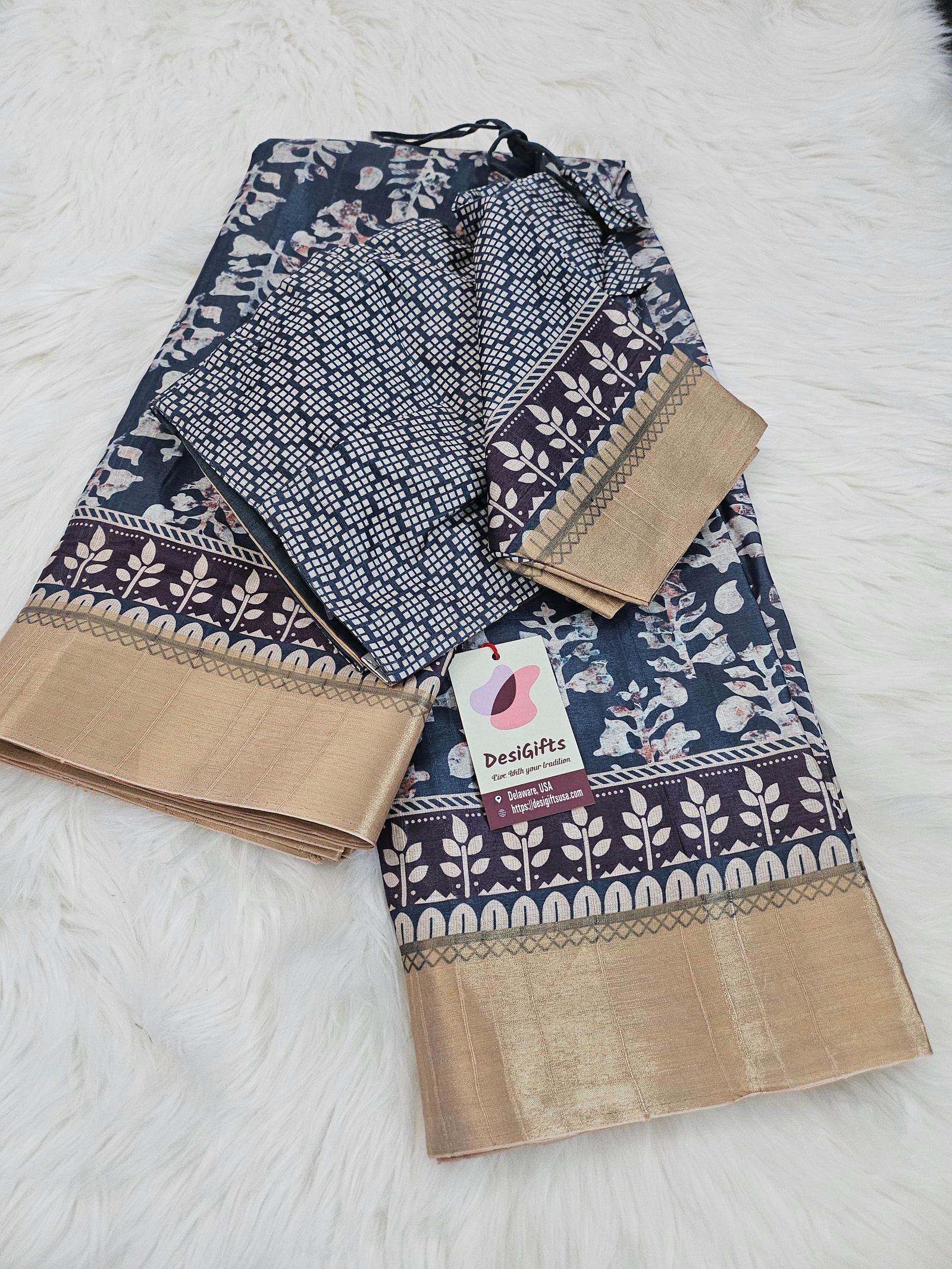 Navy Mooga Silk Saree with Slub Pattern Digital Print and Zari Border, with Stitched Blouse, Fall & Peeco, SARI - 1321