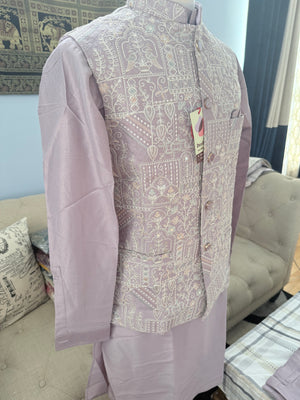 Men’s Pastel Purple 3-Piece Kurta Pajama with Heavy Embroidered Jacket, Wedding & Festive Ethnic Wear, KPJ-3079