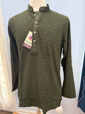 Shirt-Style Henna Green Chikankari Short Kurta with Sequins – Ethnic Casual Kurta-Design SK - 1932