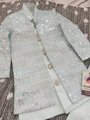 Boy's GreenSky blue Shade Cotton Silk 3 Piece Indo Western Outfit,  Embroidered  Sequins Long Jacket with Pant , Boy's Sherwani Dress - B-3052