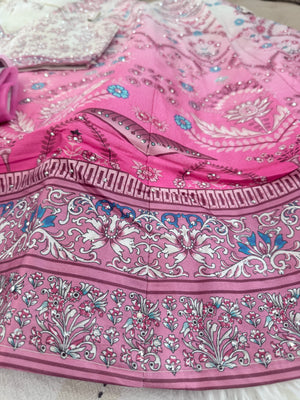 Pink & Ivory Floral Printed Lehenga Choli Set with Dupatta – Ombre Digital Print, Mirror-Style Sequin Accents, Indian Wedding & Festive Wear, LHG-4012