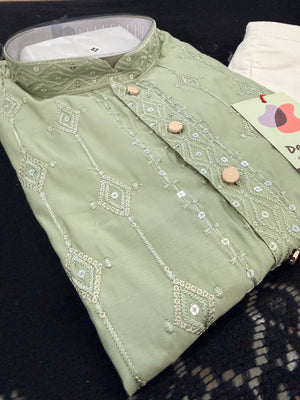 Men’s Pista Green Embroidered Kurta Pajama Set with Sequins Work, Indian Ethnic Wear for Wedding & Festival, KPS-3013