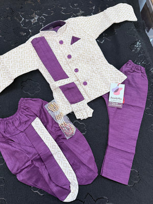 Boys 3 Piece Silk Blend Indian Dress Set with Sparkly Jacket, Dhoti & Pajama – Ethnic Wedding and Festive Outfit B-2018