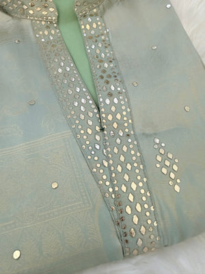 Men’s Mint Green Shorter Kurta with Parallel Pants | Gold Embellished Jacquard Kurta Pajama Set | Indo-Western Wedding & Festive Kurta Set, KP - 4043