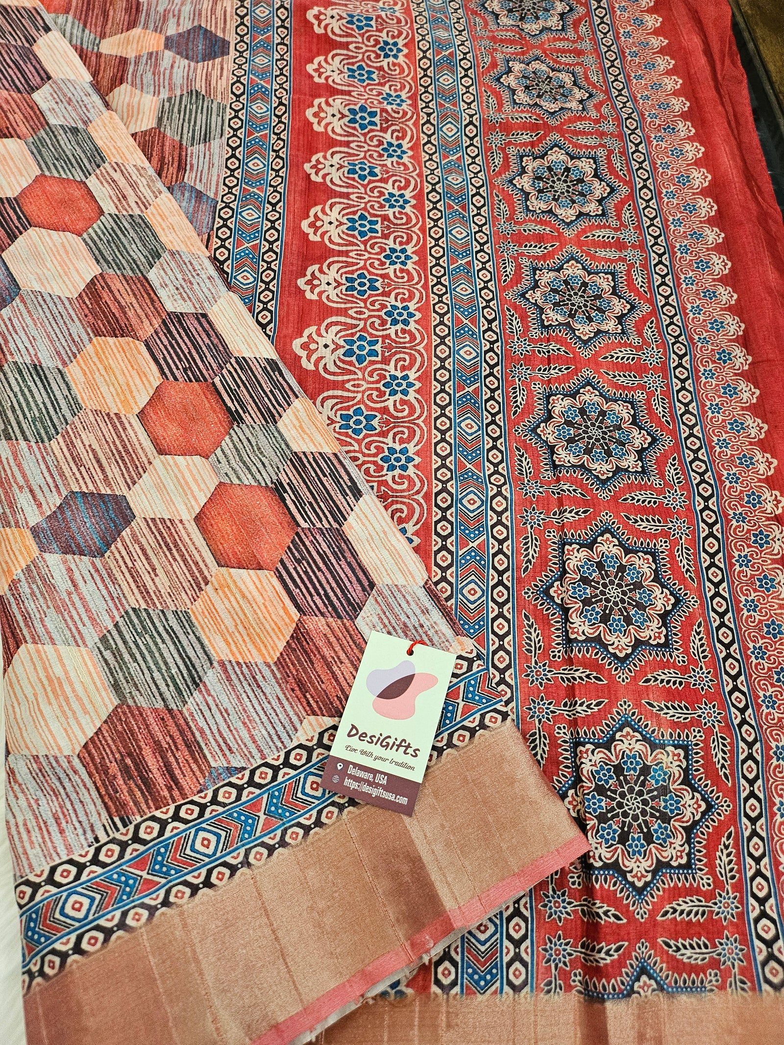 Mooga Silk Saree with Slub Pattern Digital Print and Zari Border, with Stitched Blouse, Fall & Peeco, Casual Formal Sari, Design SARI - 1192