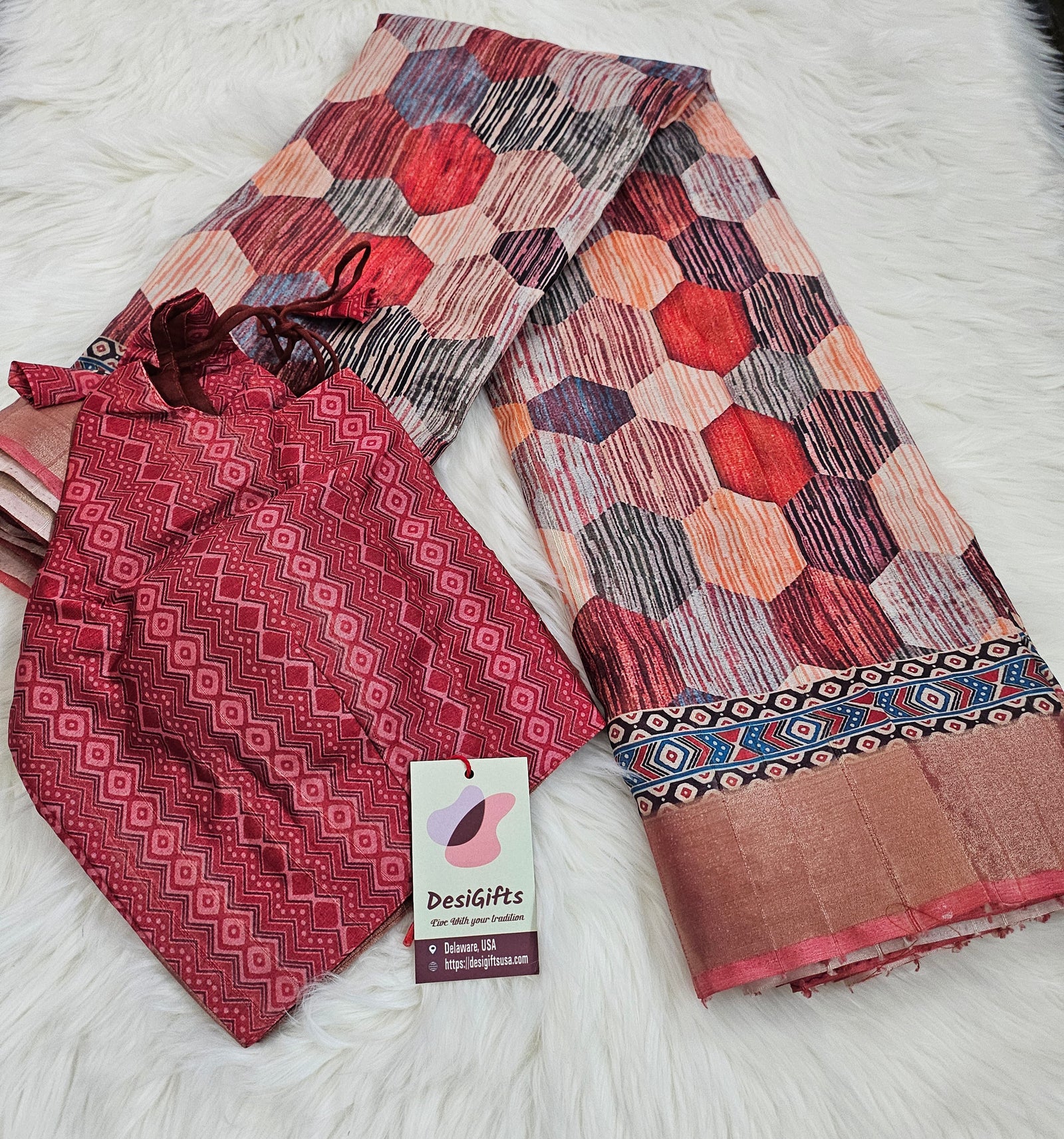 Mooga Silk Saree with Slub Pattern Digital Print and Zari Border, with Stitched Blouse, Fall & Peeco, Casual Formal Sari, Design SARI - 1192