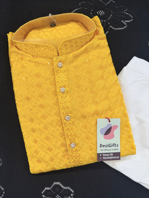 Men & Boys Marigold Yellow Rayon Chikankari with Sequins Kurta Pajama Set | Matching Father Son Option Festive Outfit with Sequin Work, DM -1422