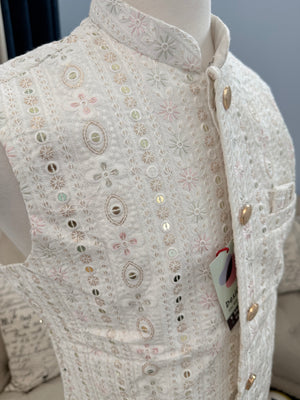 Festive White Ethnic Jacket for Men – Pastel Thread Embroidery with Sequins – Heavy Thread Work Wedding Waistcoat | J-3032