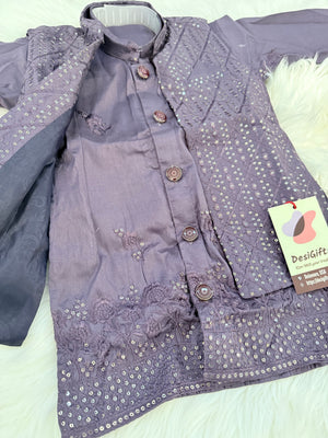 Boys Dusty Lavender Purple Sherwani Style Kurta Pajama with Embroidered Jacket | 3-Piece Indian Outfit- Design B-4060