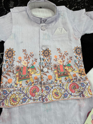 Boys Light Lavender Kurta Pajama with with Elephant Print Nehru Jacket | 3-Piece Indian Ethnic Outfit – Festive Ethnic Wear,- Design B-4034