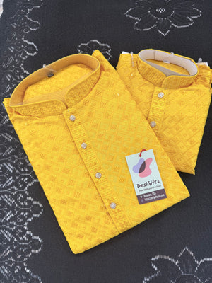 Men & Boys Marigold Yellow Rayon Chikankari with Sequins Kurta Pajama Set | Matching Father Son Option Festive Outfit with Sequin Work, DM -1422
