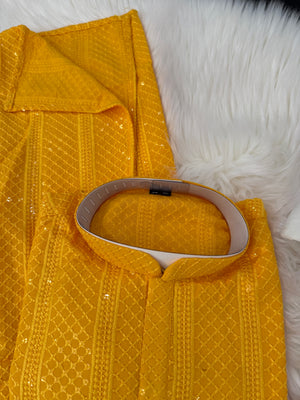 Exquisite Chikankari Sequins 2 Piece Kurta Pajama Set for Man, Yellow Shade, Embroidered Party Man's Wear, KP - 2045