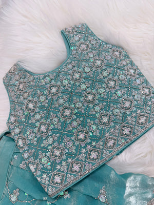 Baby Girls’ Embroidered Lehenga Choli Set in Teal Blue & Slate Gray, Festive Indian Ethnic Outfit Lehenga Dress, GRL-2091