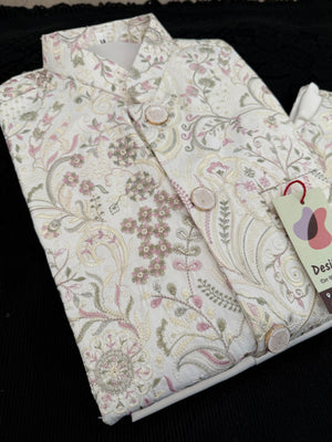 3 Piece Cream Kurta Pajama with Embroidery Jacket Set, Cotton Sateen Kurta, Father & Son's Outfit, DM - 2014