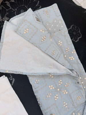 Men’s Ice Blue Embroidered Kurta Pajama Set | Silver Zari-Style, Sequin Work | Indian Wedding Wear, KP-4026