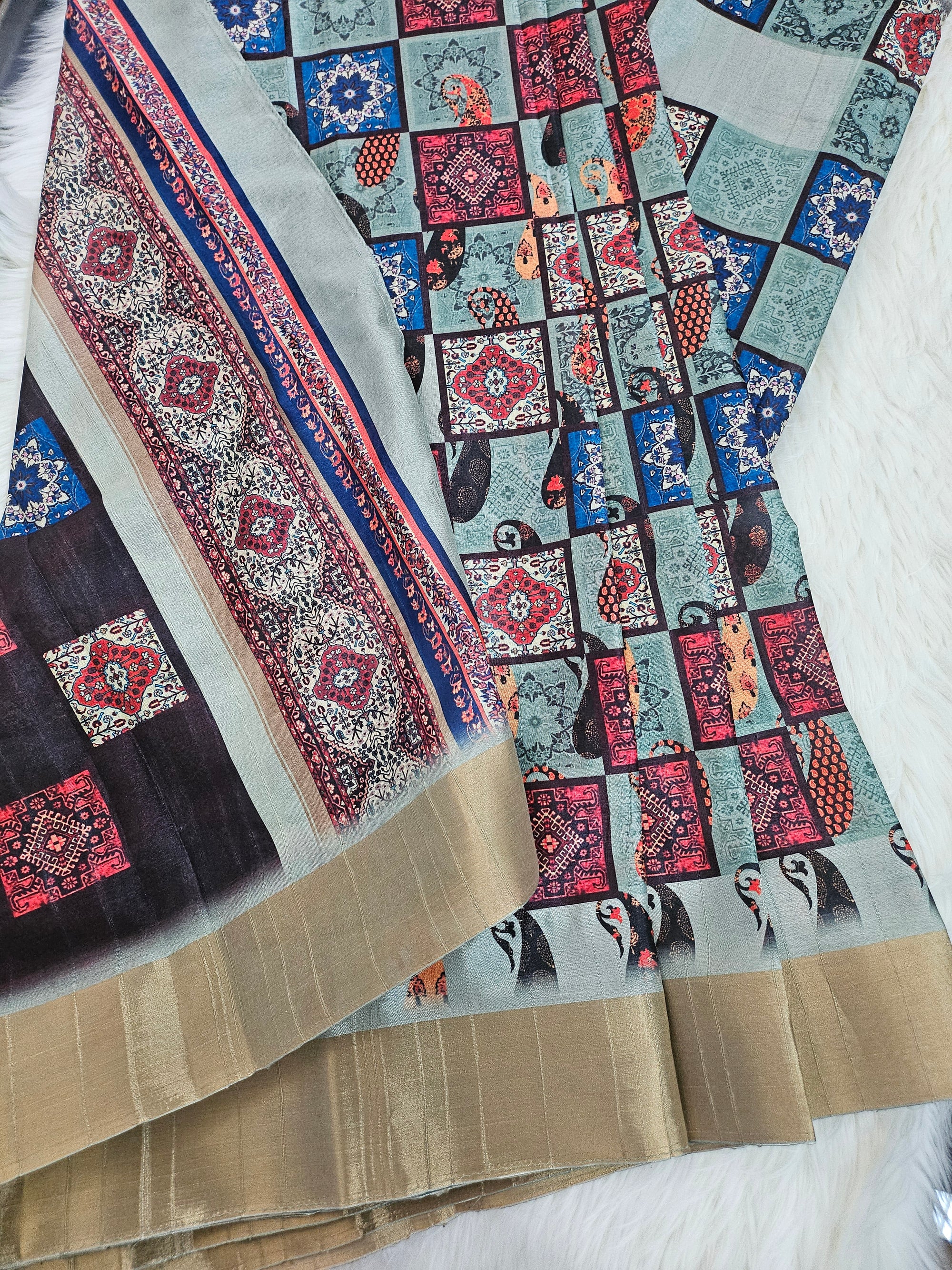 Stylish Mooga Silk Saree with Slub Pattern Digital Print and Zari Border, with Stitched Blouse, Fall & Peeco, SARI - 1322