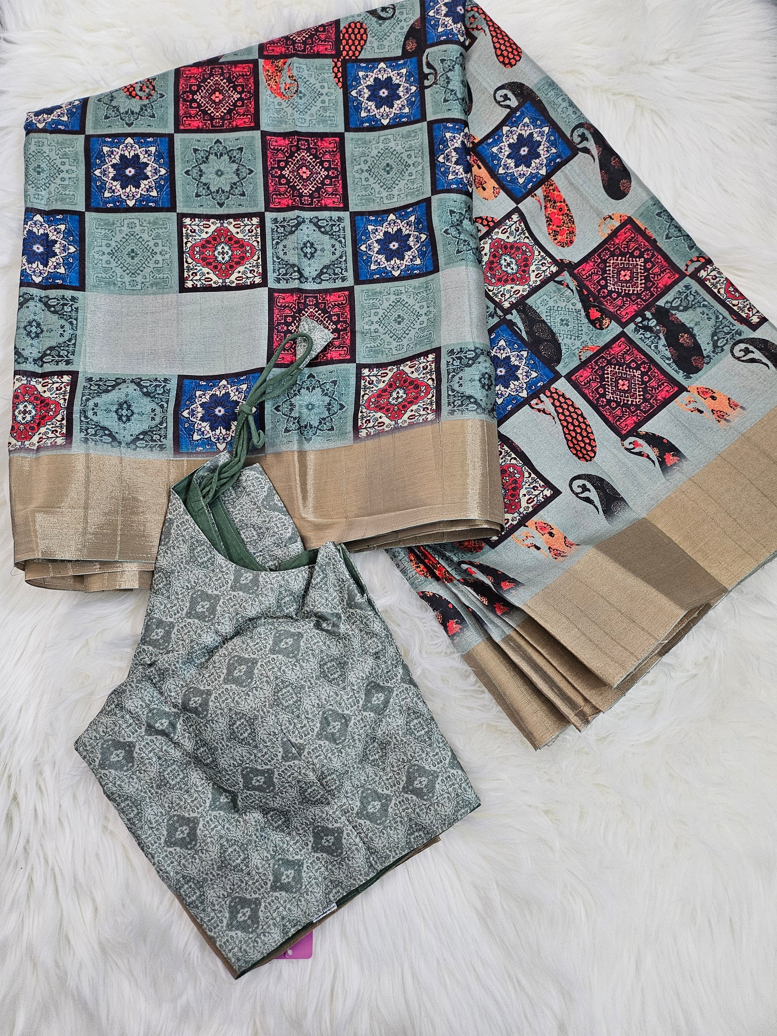 Stylish Mooga Silk Saree with Slub Pattern Digital Print and Zari Border, with Stitched Blouse, Fall & Peeco, SARI - 1322